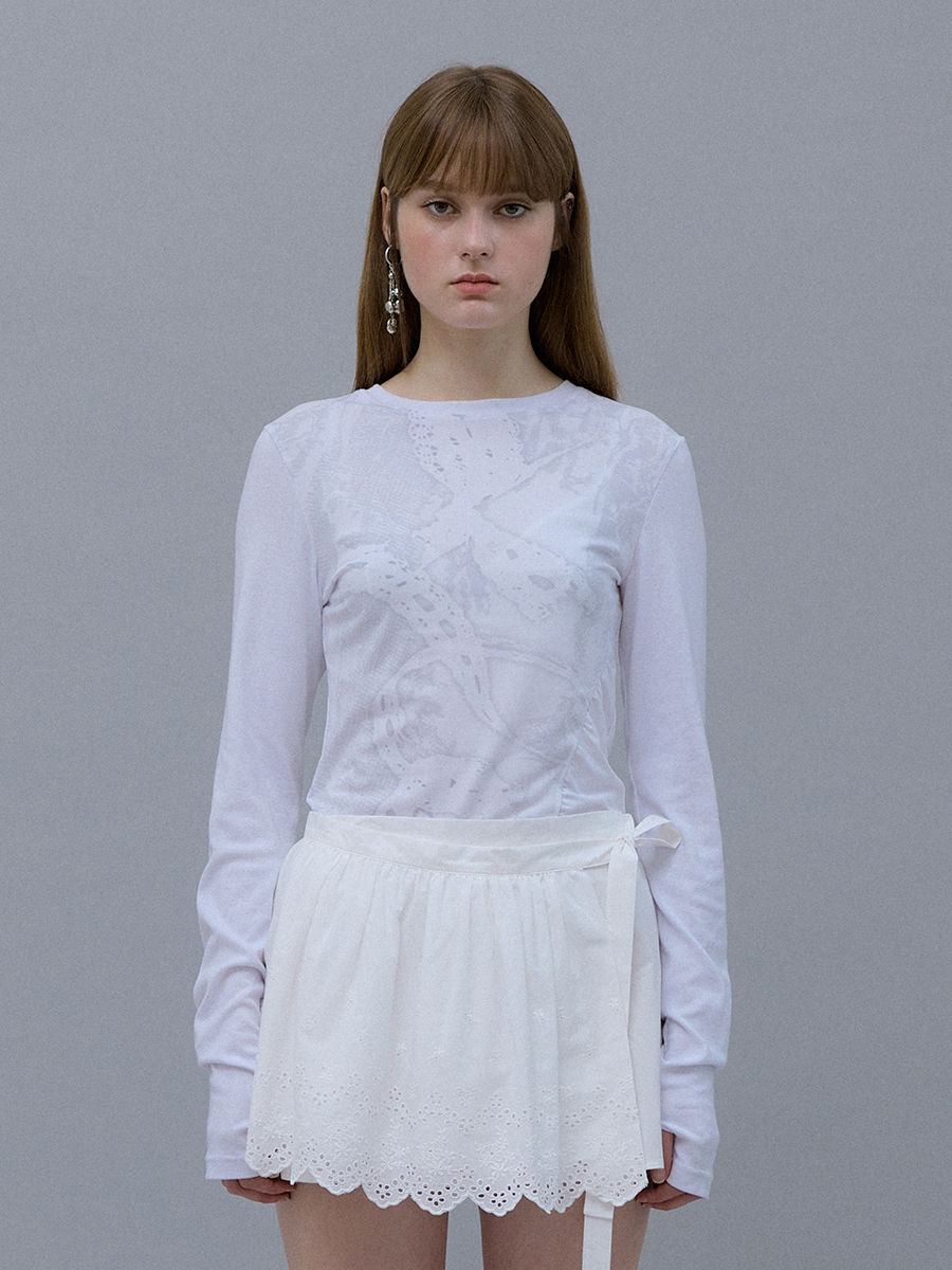 Lace Print Long Sleeve T-shirt (White)