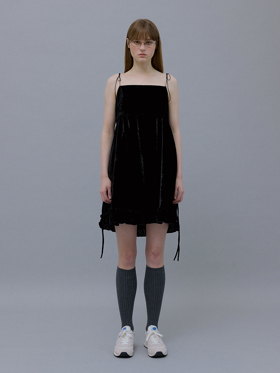 Velvet Shirring Mini Dress (Black)
